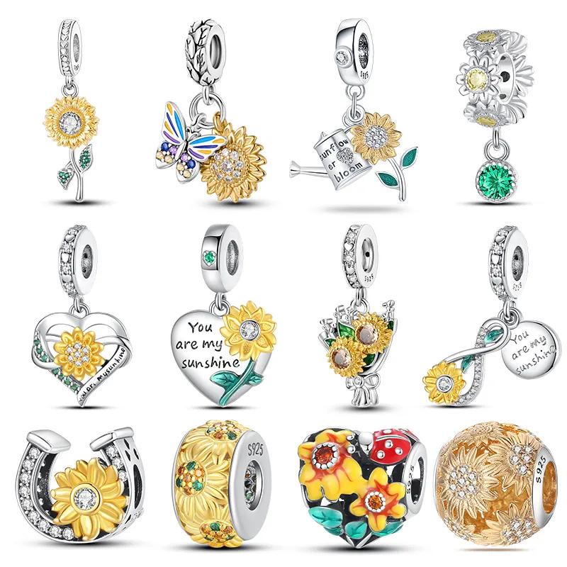 New 925 Silver Fashion Golden Sunflowers Heart Charms Beads Fit 925 Bracelets Luxury Party DIY Jewelry