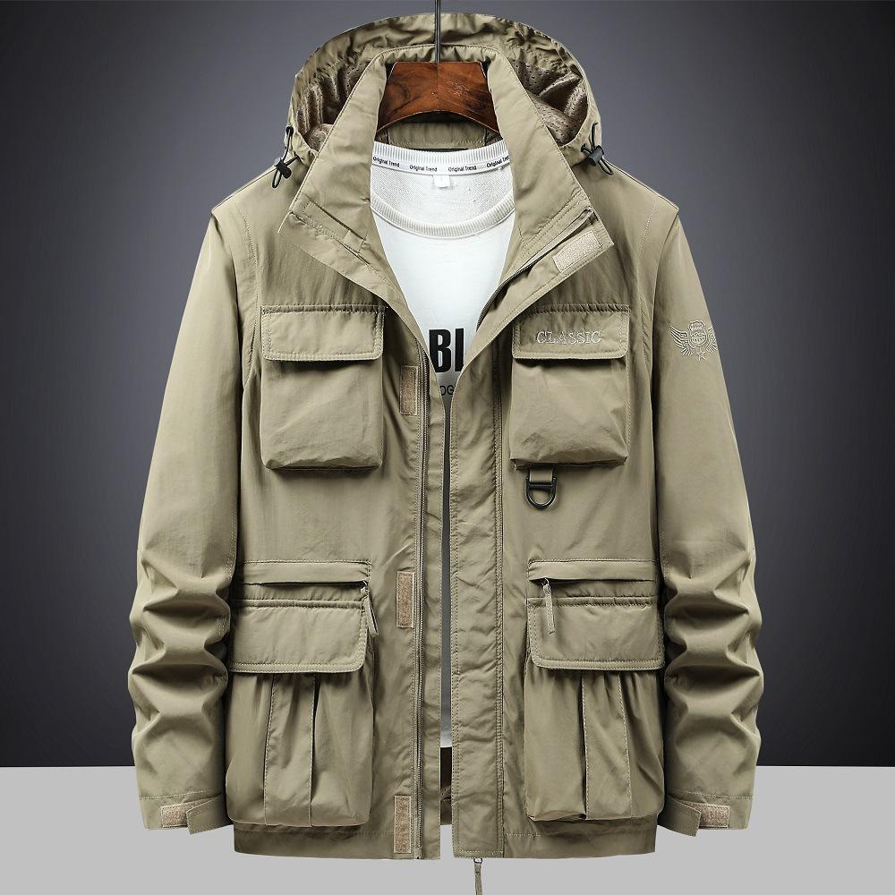 New Multi-pocket Tooling Men's Hooded Jacket Spring and Autumn Youth Casual Medium and Long Jacket Men's Jacket