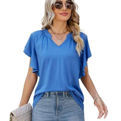 2024 sommer Casual Rüschen Rand Frauen T-shirt V-ausschnitt Mode Einfarbig T-shirts Elegante Gefaltete Lose Einfache Bluse 30610