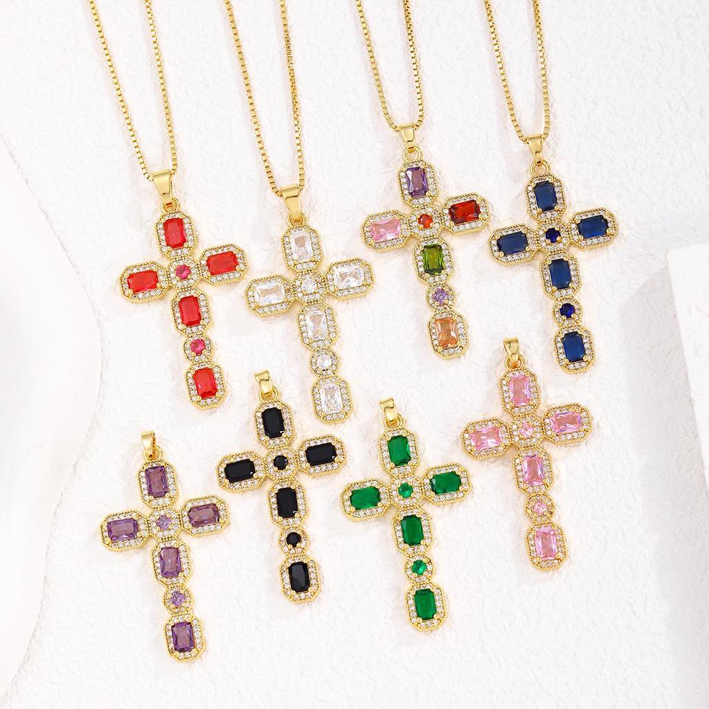 Multicolor Zircon Cross Pendant Necklace with Copper Chain