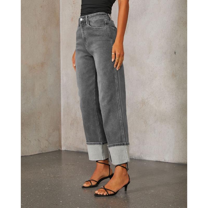 Women's Spring New Stretch Straight Jeans Quality Models Retro Rolled High Waist Trousers