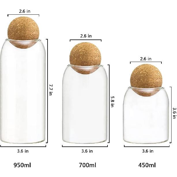 3 Pcs Glass Jars with Cork Ball Lid Set Kitchen Food Terrarium Airtight Clear Storage Canisters with Wooden Lids for Cookie Candy Coffee Bean Spice