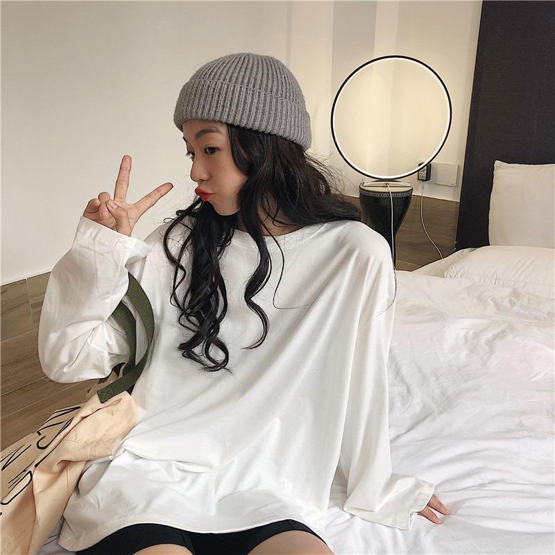 Fashion Cotton Solid Long Sleeve Loose Casual T-shirt Women Spring and Autumn Plus Size Women's T Shirt Elegant O Neck Simple Ladies Tee Tops 25899