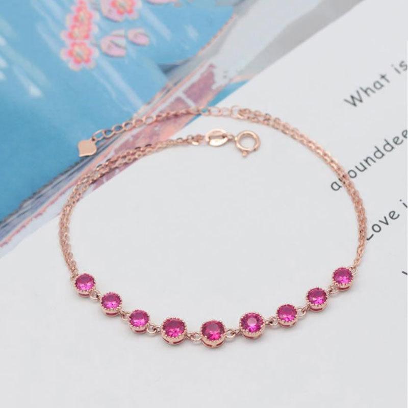 

Purple Gold Round Ruby Bracelet Simple Sweet Rose Gold Plated Red Stone Bracelet Jewelry Women (17+3cm adjustment chain)