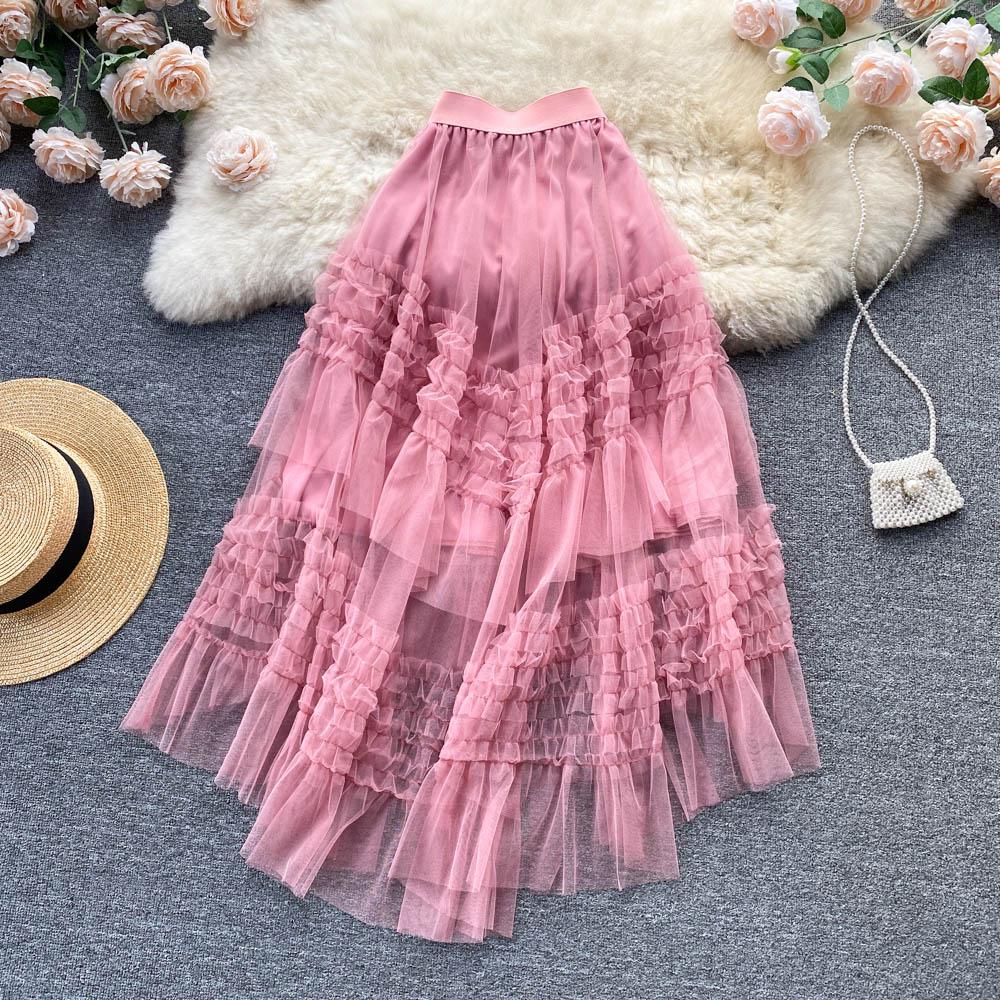 

Юбка с рюшами, феминный темперамент, весенне-летняя, тонкая, длинная секция, высокая талия, А-силуэт, сетка, нерегулярная юбка-торт One Size розовый