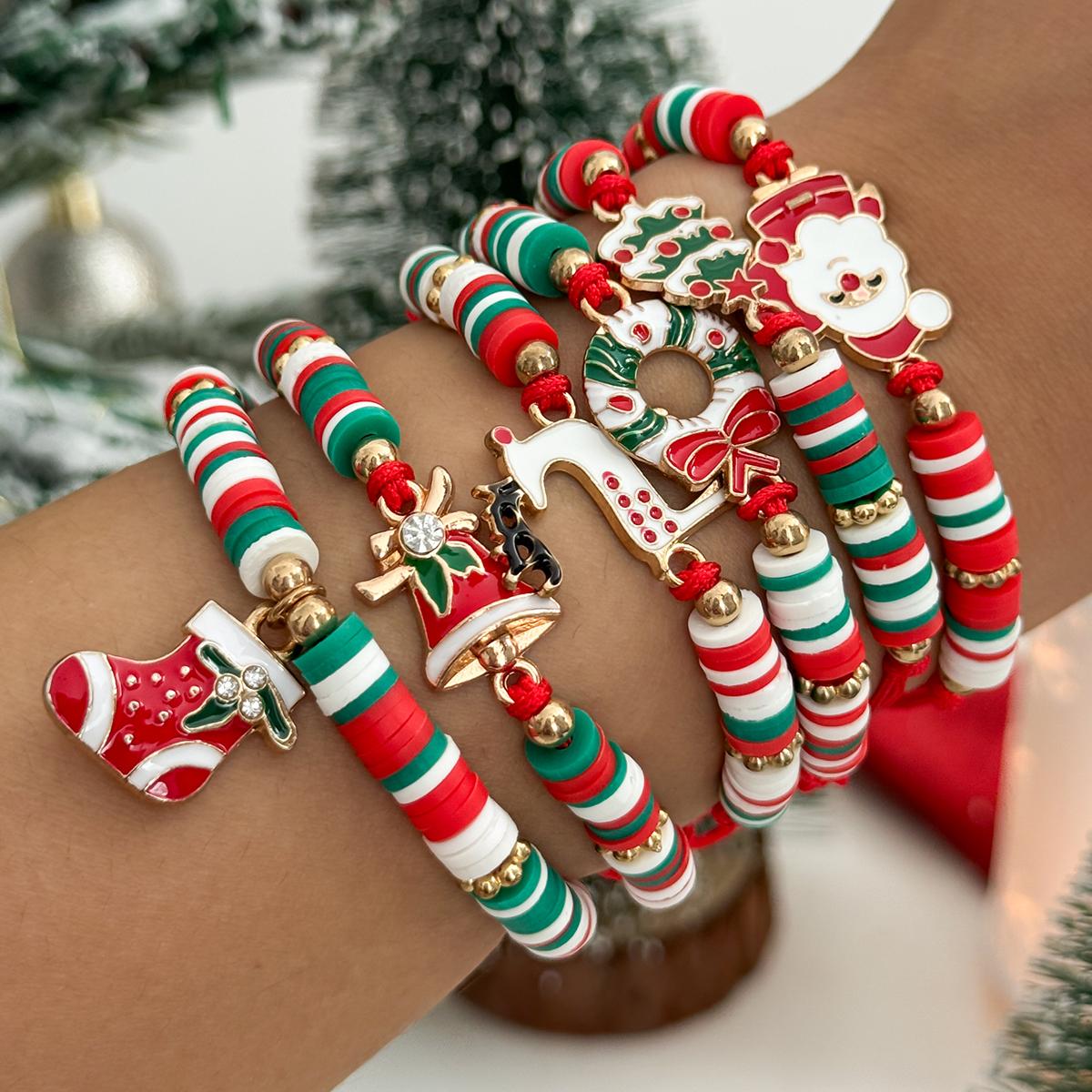 

SHIXIN 6Pcs/Set Christmas Bracelet for Women Santa Claus Elk Christmas Tree Socks Pendant Bracelet Adjustable Rope Chain Bangle