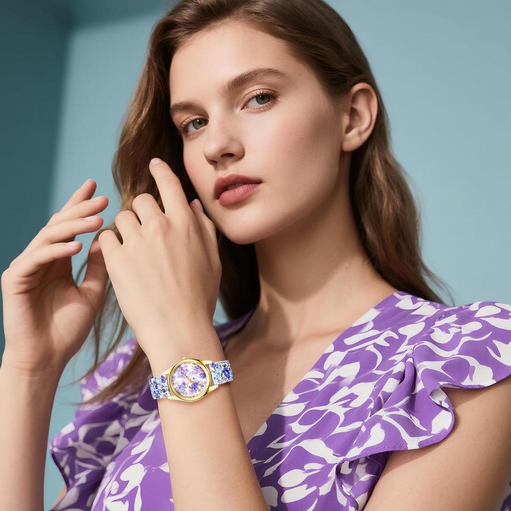 Bohemian Floral Print PU Leather Floral Analog Quartz Adjustable Arabic Stylish Perfect for and Christmas Gifts Women's Watch Waterproof, Print,