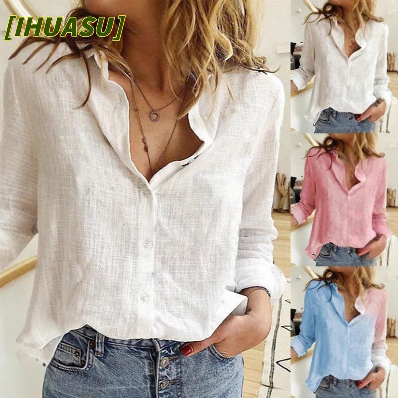 IHUASU Women's Fashion Casual Solid Color Print Long Sleeve POLO Neck Blouses & Shirts International Design