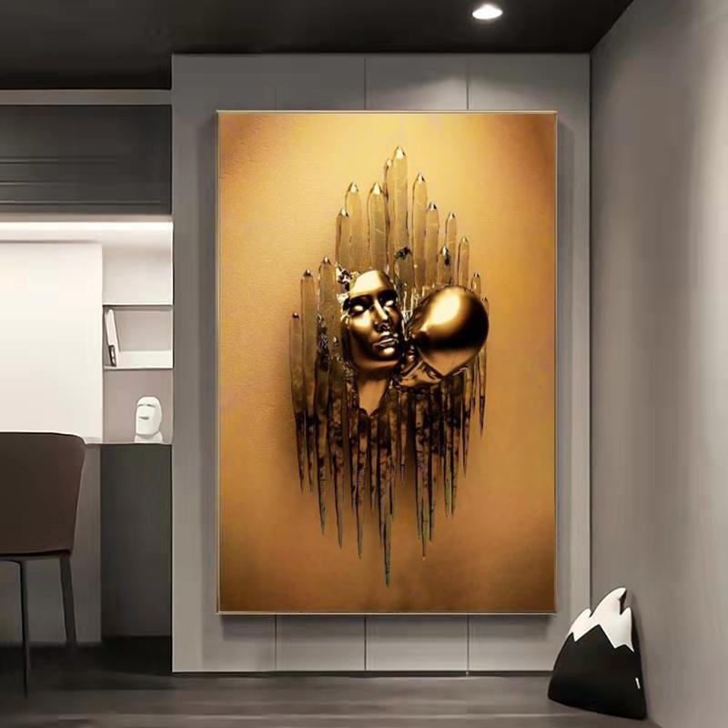 Coppie che si baciano Amore Figure in metallo dorato Pittura su tela Arte moderna Astratta Poster e stampe Immagine da parete per la decorazione della casa
