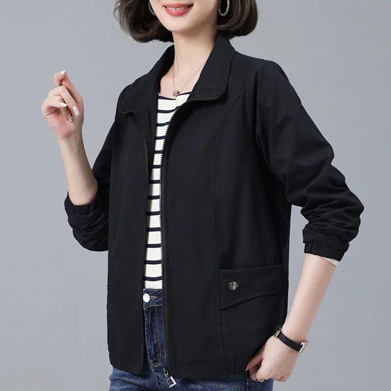 Short Coat Women's New Korean Version of Loose Fashion Simple Casual Versatile Solid Color Stand Collar Double Jacket Top