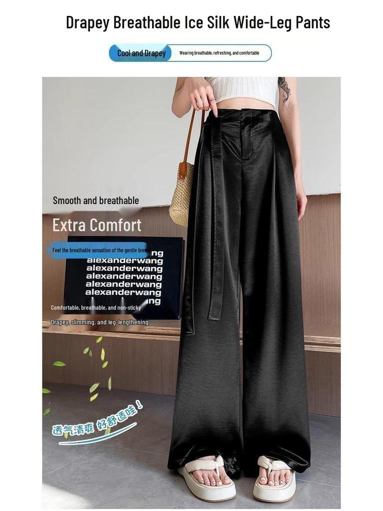 Women's Summer Acetate Satin Wide-Leg High-Waisted Pants with Tie-Up and Drape Design