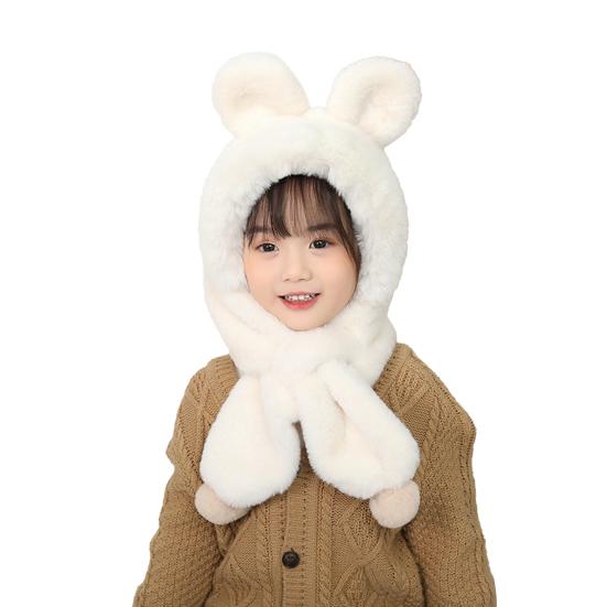 Children Hat with Bear Ear Decoration Solid Color Thickened Plush Warm Hat Scarf Set Kids Cold Weather Hat