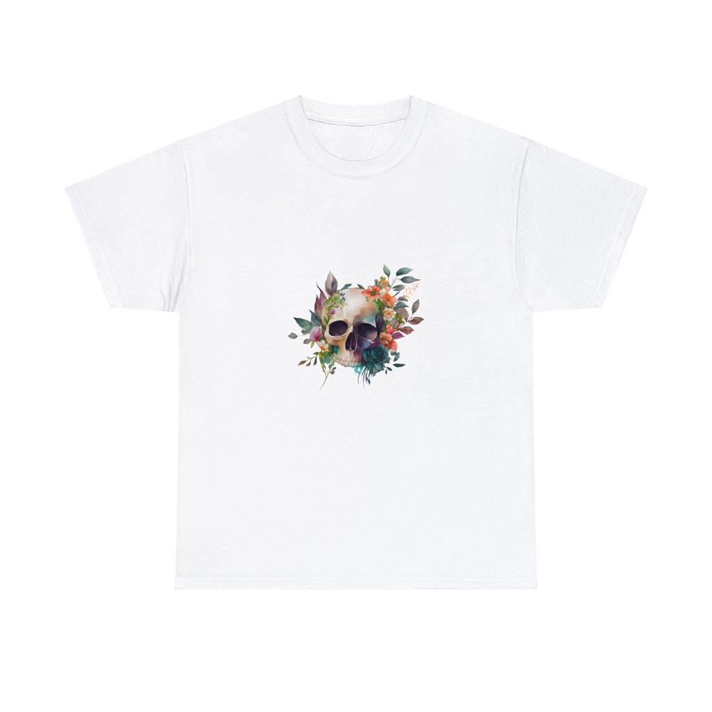 Beige Watercolor Illustration Skull and Flowers T-Shirt
