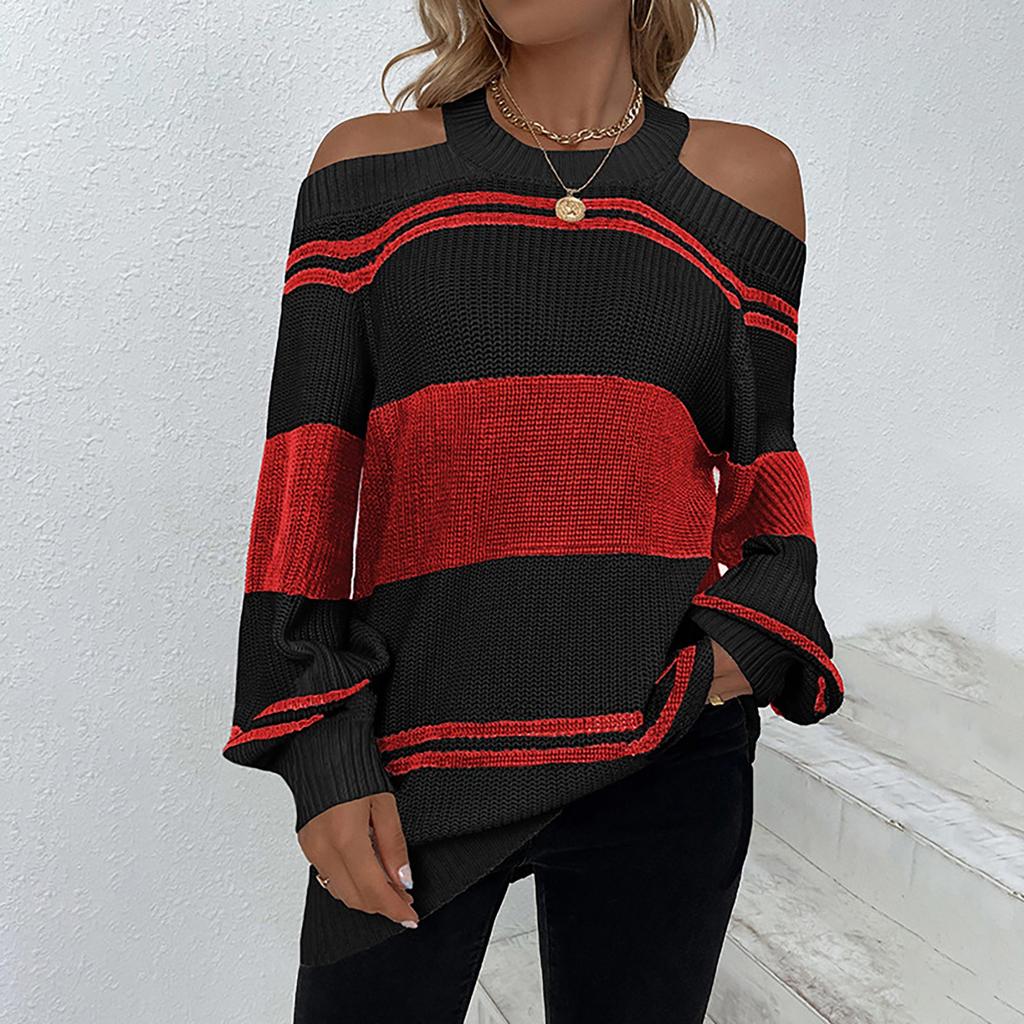 Women's Casual Fashion Long Sleeved Knitting Contrast Color Sweater Top
