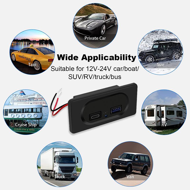 12V RV USB Wall Outlet 18W PD USB-C Quick Charge 3.0 USB-A Socket Car Charger Waterproof Power Socket Adapter Panel with LED