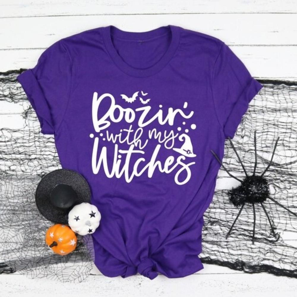 Boozin with My Witches Halloween Wine Graphic T Shirts Happy All Saints Day Woman Man Cotton Tshirt Autumn Festival Tops Tee