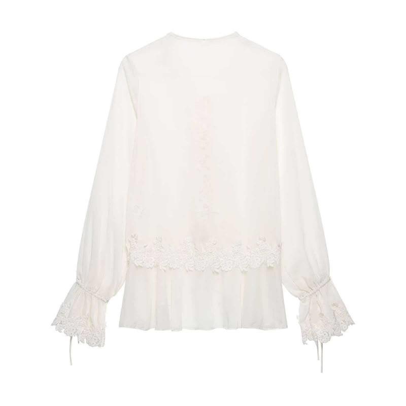 Womens Loose Fit V-Neck Lace Panel Long Sleeve Blouse Casual Elegant Shirt 2026