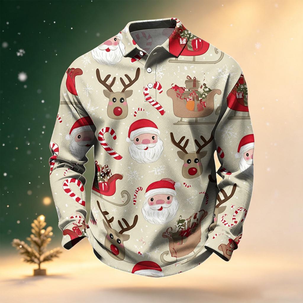 Men's Golf Shirt Long Sleeve Casual Christmas Print Quick-Dry Mesh Top