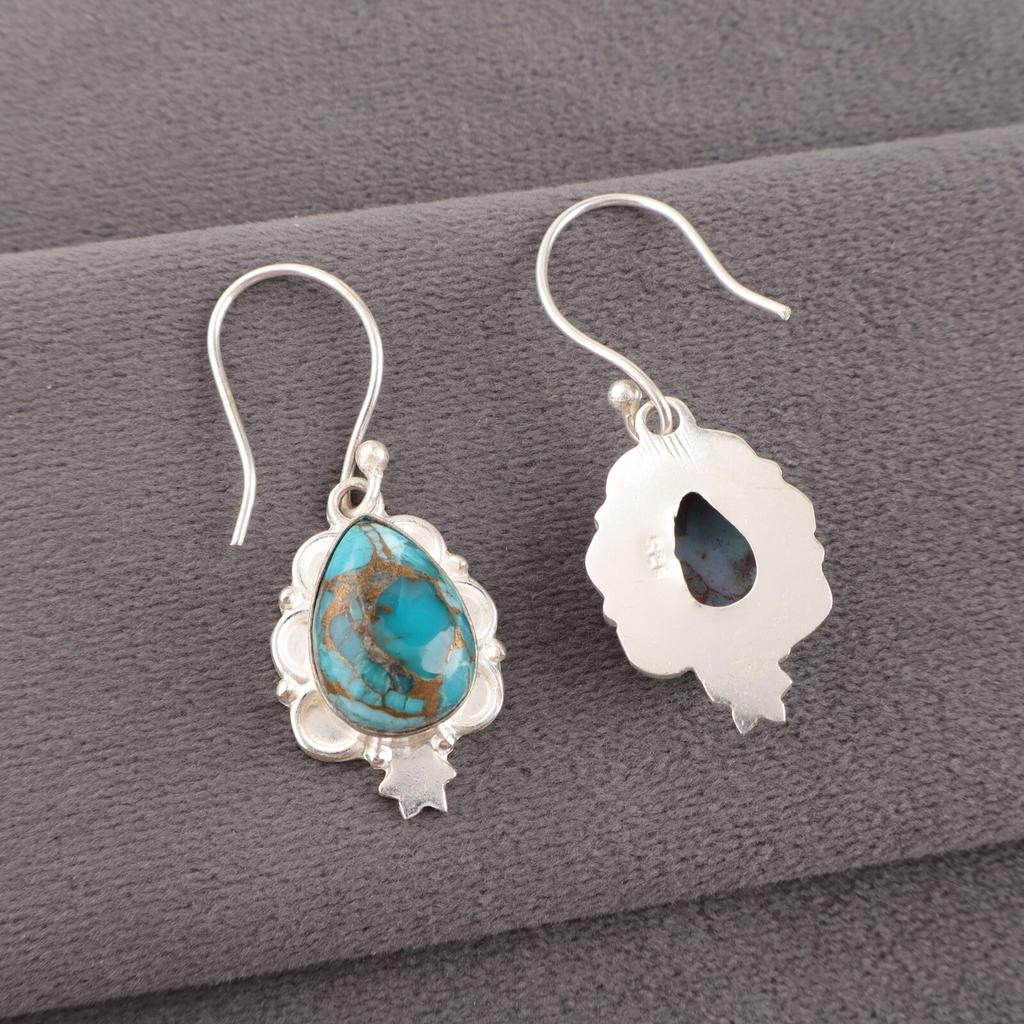Blue Copper Turquoise Gemstone 925 Stamped Silver Handmade Jewelry Hook Earrings EE-163-40