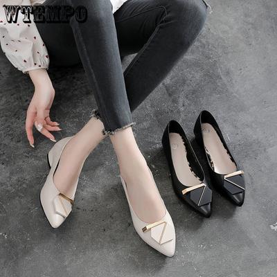 Einzelschuh Damen Frühling und Herbst Dicke Absätze Mittelhoher Absatz Spitze Schuhe Weiches Leder Vielseitige Freizeitschuhe Arbeitsschuhe