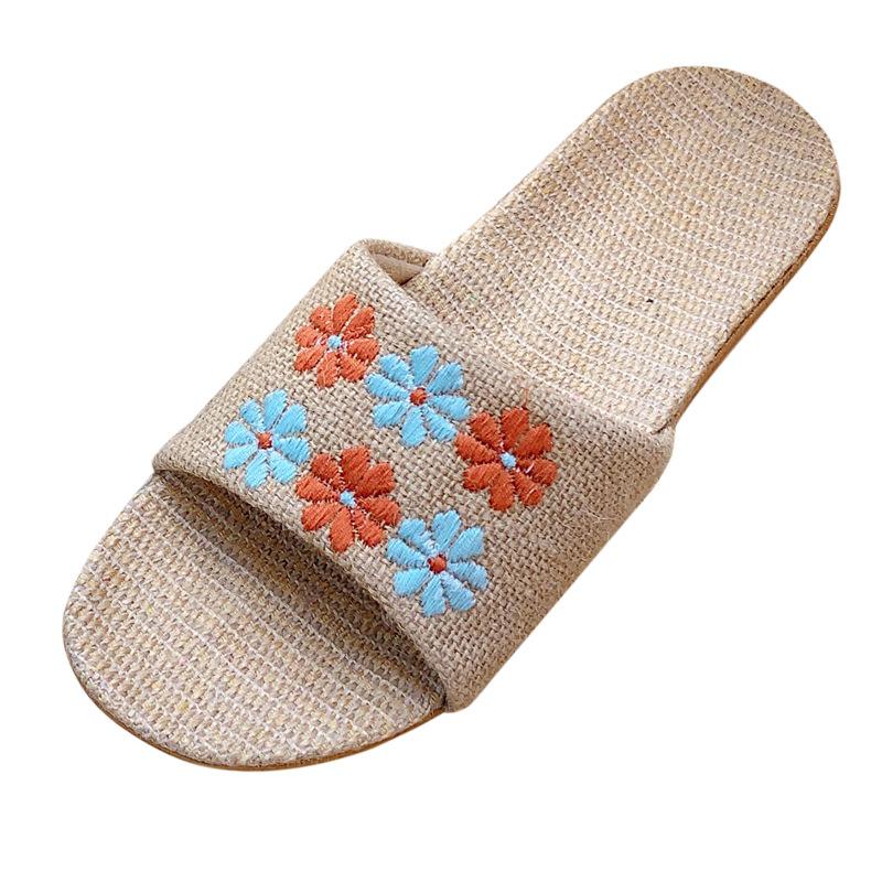Machine embroidered women's new linen slippers women's summer home use couple indoor soft bottom non-slip cool slippers men's summer