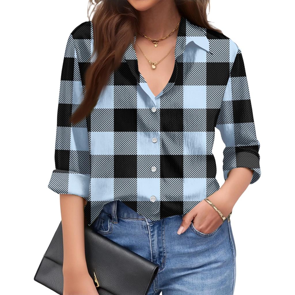 Women's Fashionable Casual Loose Plaid Long,sleeved Shirt