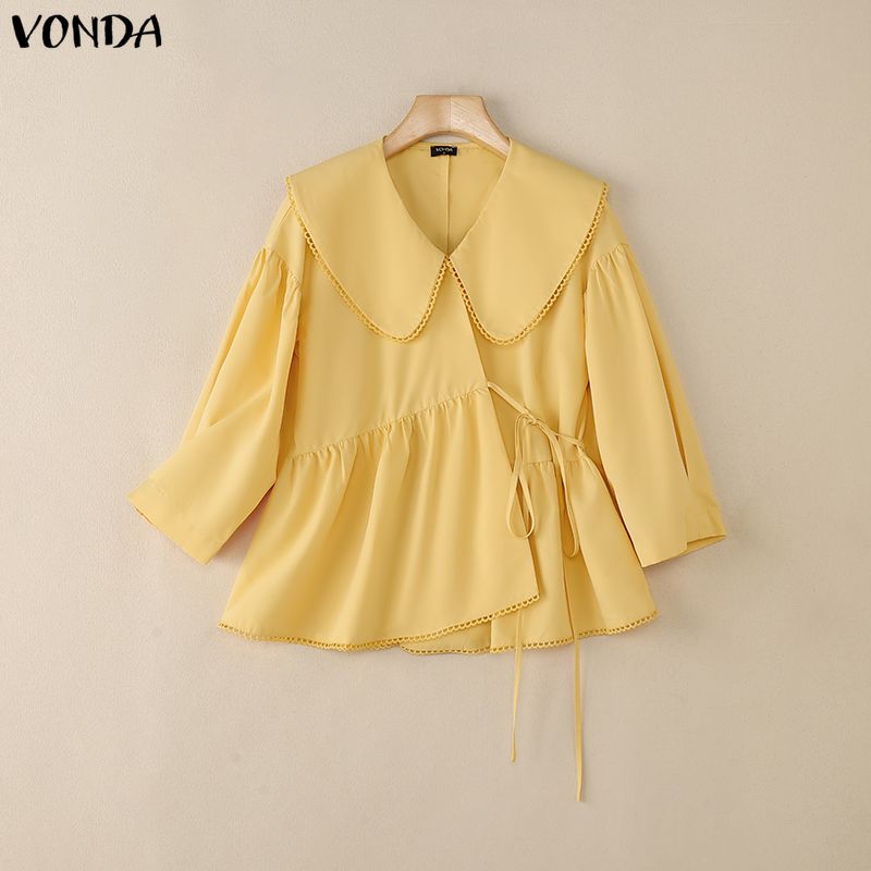 VONDA Women Casual Lapel Neck Solid Color Irregular Loose 3/4 Sleeve Blouse