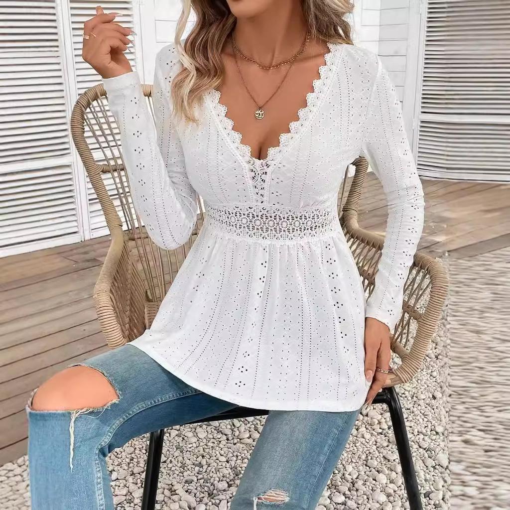 Spring Elegant Women Solid Color V-Neck Splicing Lace Long Sleeve T-Shirt Top Women Versatile Closet Essential Fashion Items Shirt