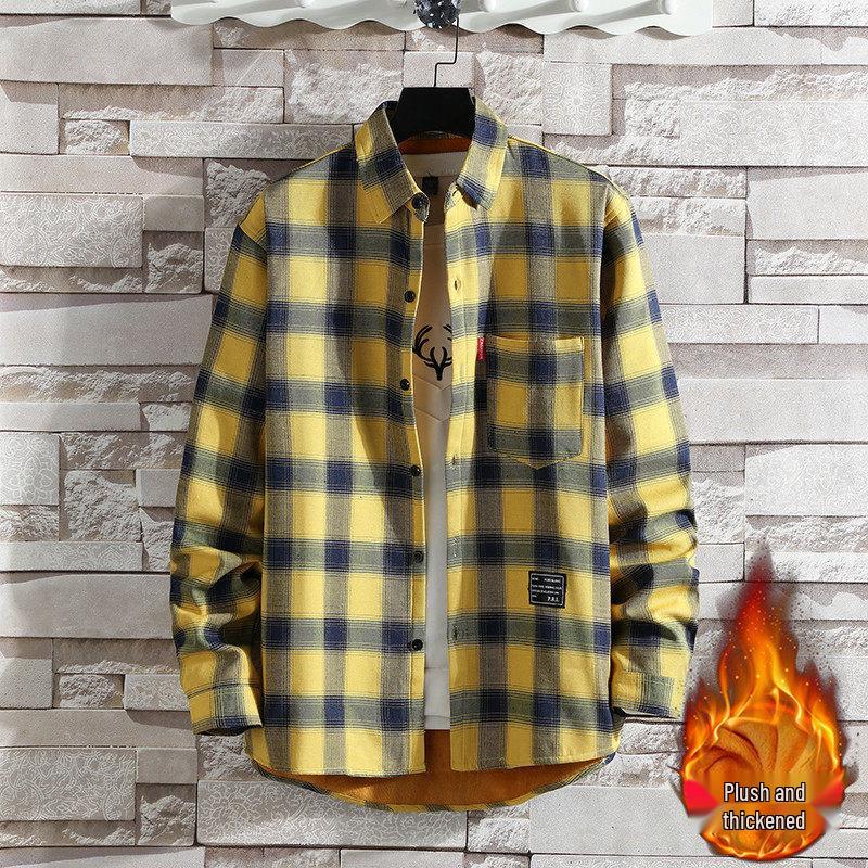 Men's Slim-Fit Fleece-Lined Plaid Button-Down Shirt - Korean Style Warm Casual Top