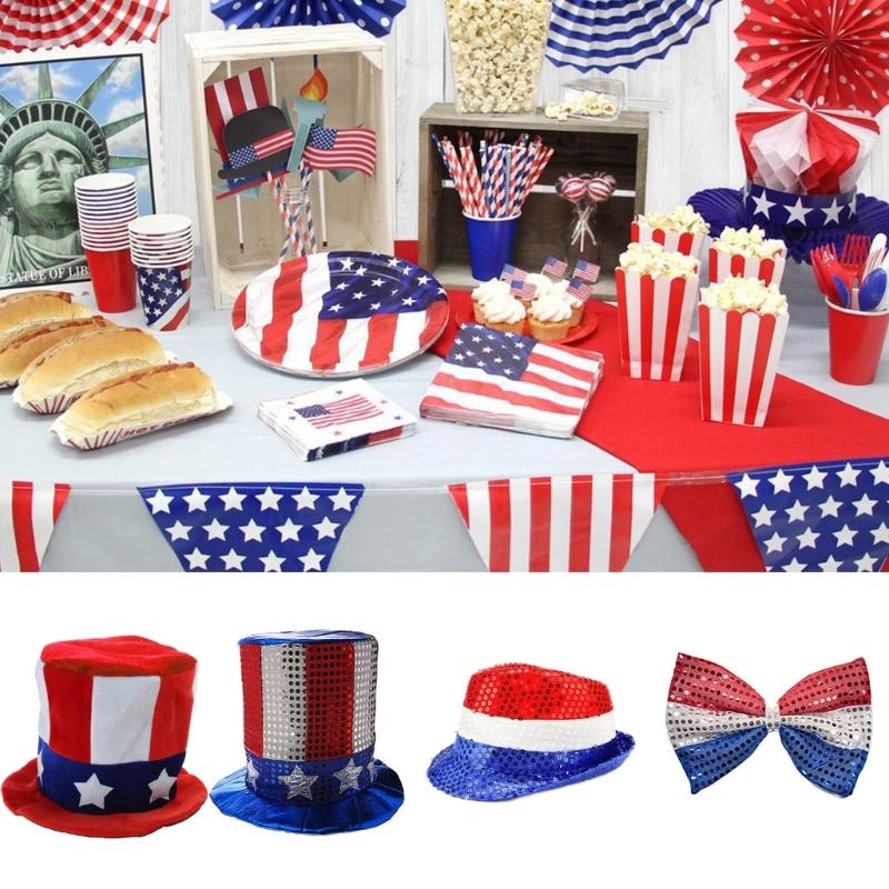 US Liberty July 4th Costume Fun Top Hat for Men Women Unisex Stovepipe Hat with Sequins Adults