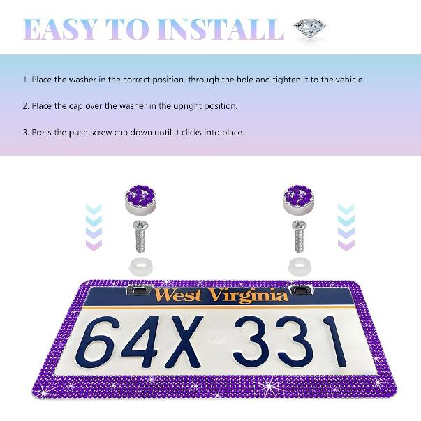 Bling License Plate Frame, Sparkly Rhinestone Car Tag Cover with Glittery Screw Caps, Stainless Steel Handcrafted Crystal Licence Plate Holder for