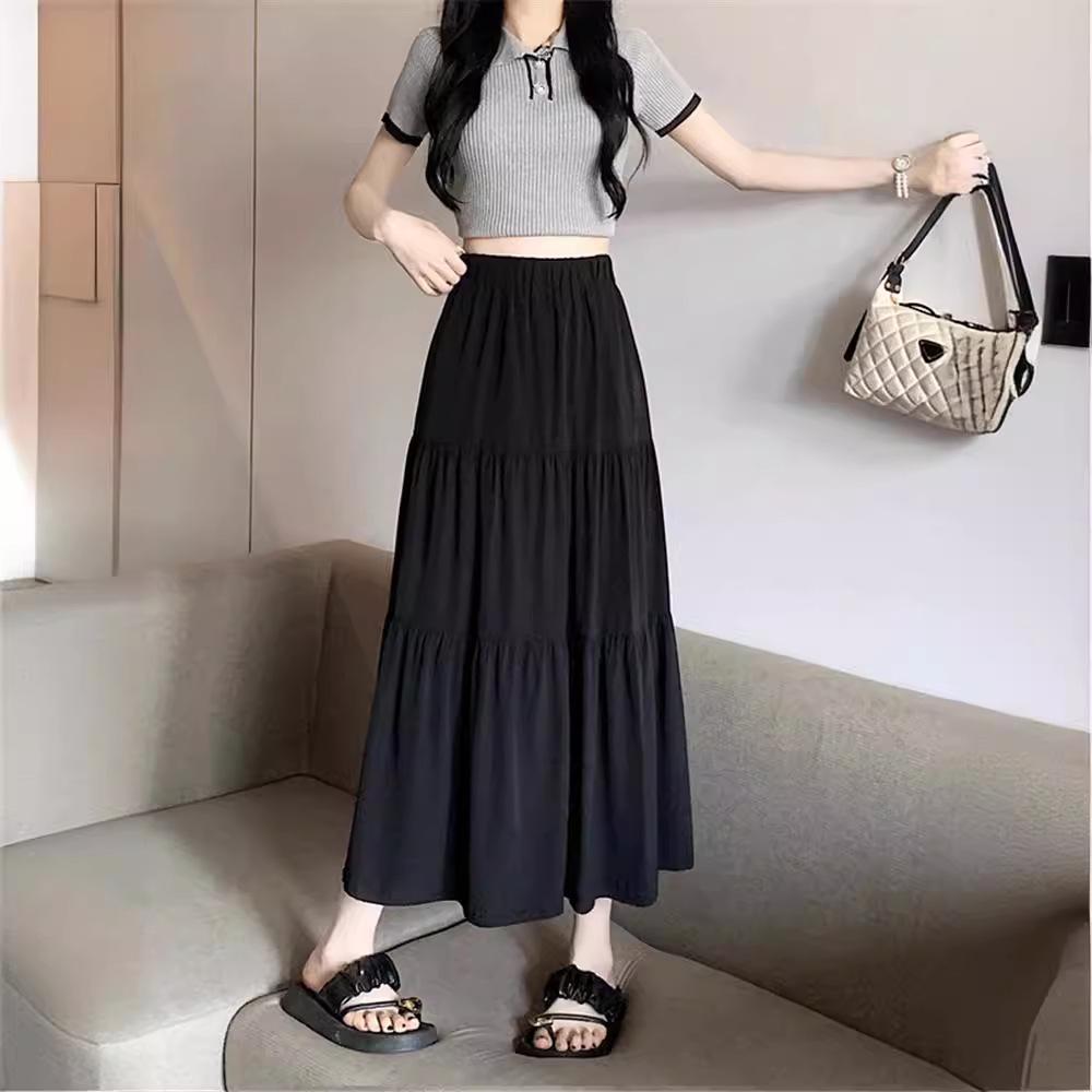 White Women's High-Waisted A-Line Midi Skirt, Slimming and Elastic Waist, Korean Style for Summer 2026