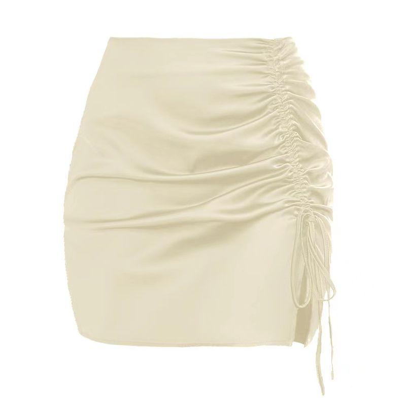 

2022 Summer European Style Solid Women clothes Pleating Hip Skirt Sexy High Waist Zip-up Skirt Satin Skirt Beige M