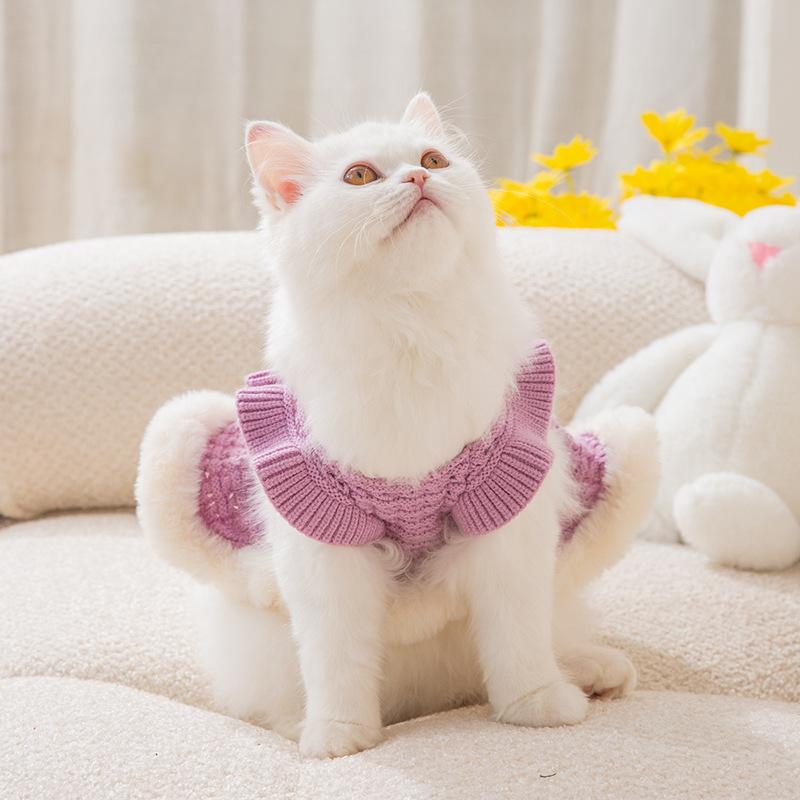 Xiaoxiangfeng Bow Cat Clothes Burr Hollow Sweater Autumn Puppy Dog Dress Child Warm Pet Clothing