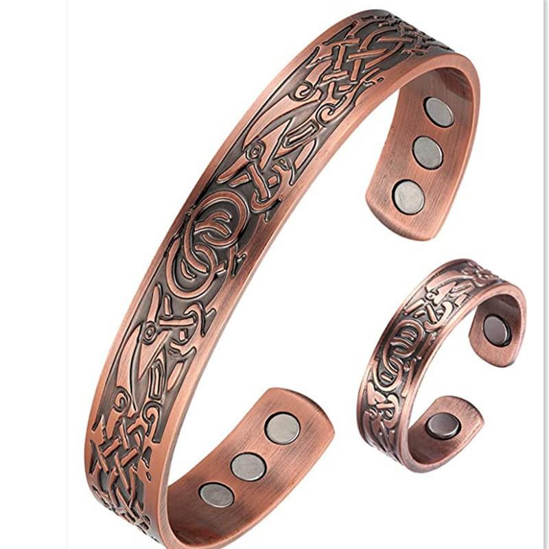 Vintage Red Copper Magnetic Bracelet & Ring Set for Men and Women