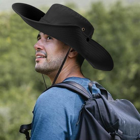 Men Fisherman Hat Flat Top Wide Brim Breathable Sun Hat Adjustable Windproof Drawstring Sun Protection Hat