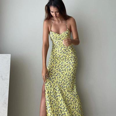 European and American Style Women's Clothing Summer New Explosive Sexy Floral Suspender Skirt Split Fork Backless Dress Women