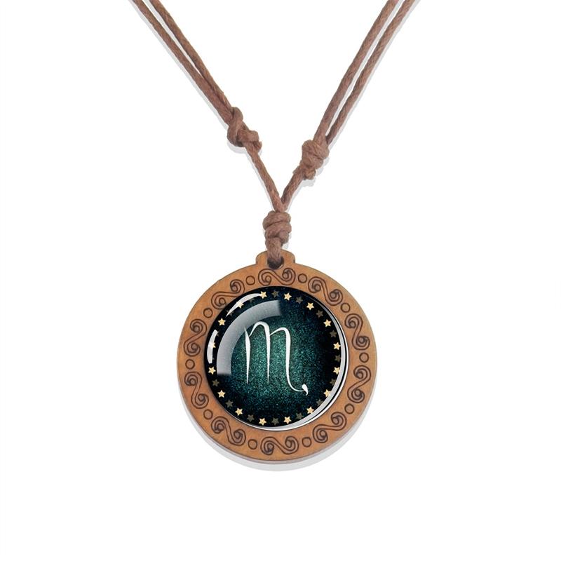 12 Zodiac Signs Constellation Necklaces Glass Dome Vintage Wooden Pendant Rope Chains Necklace for Women Men Jewelry Birthday Gift