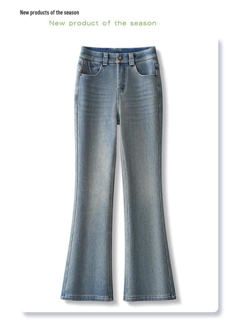 Women's Petite High-Waisted Light Blue Fleece-Lined Micro-Flared Jeans 2024 Autumn/Winter Horseshoe Style