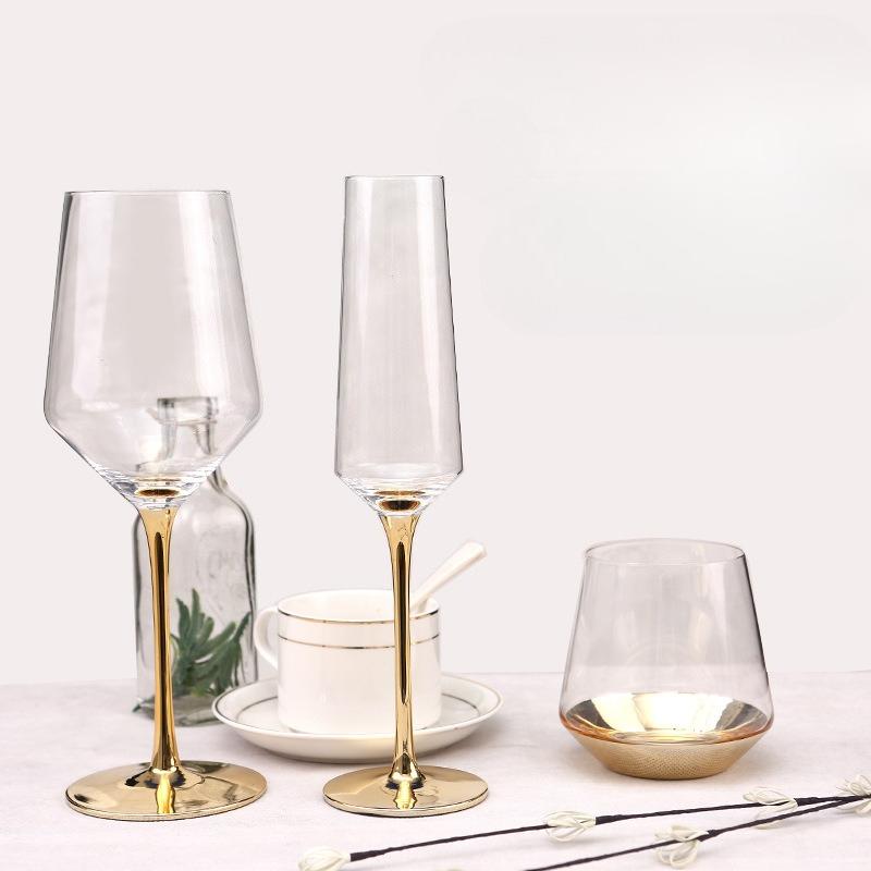Creative Electroplated Gold Rod Crystal Red Wine Glass Champagne Whiskey Water Glasses Bright Gold Bottom Goblet Barware