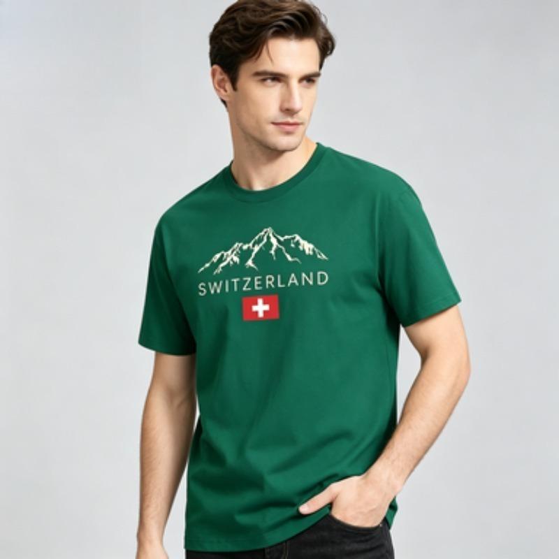 Unisex 100 Cotton Short Sleeve Tee Switzerland Swiss Flag Mountain Print Daily Outdoor Casual Crew Neck Tshirt