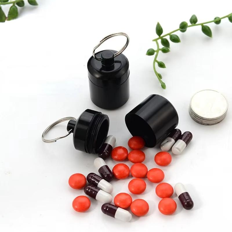 Multi Color Mini Keychain Pill Box Waterproof Aluminum Plastic Travel Pill Case For Vitamins Medication Emergency Carry