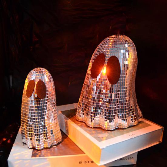 Halloween Disco Ghost Decor Glitter Silver Ghost Disco Mirror Ball Tabletop Decoration for Indoor Tiered Tray Home Decor