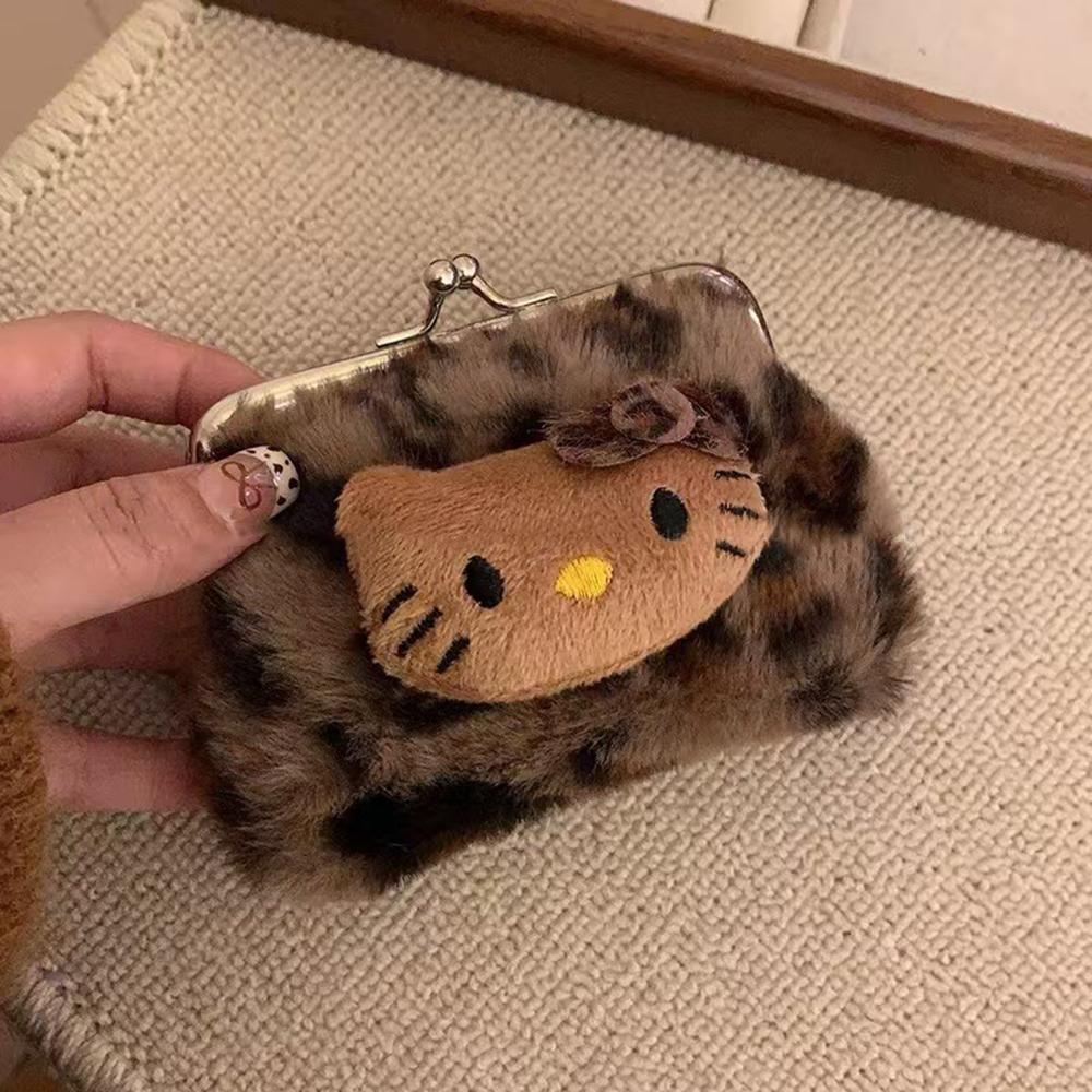 Cute Kitty Leopard Print Coin Purse Plush Carry Bag for Bluetooth Headphone Makeup Storage KT Cat коричневый