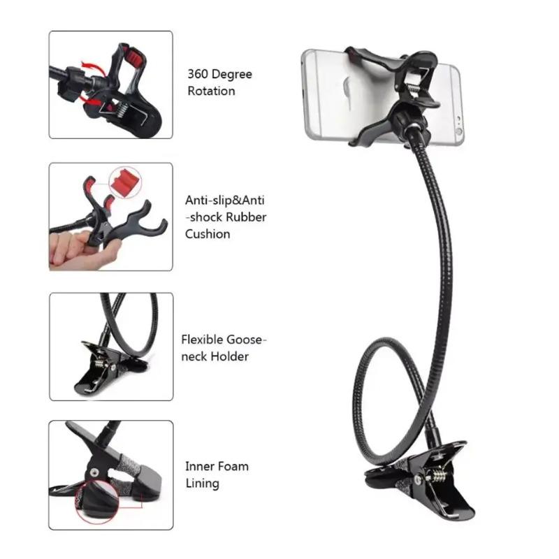1pc Flexible Gooseneck Phone Stand, 360° Rotatable with Strong Clip, 64cm for Bed Desk Kitchen Office Hands-Free Viewing
