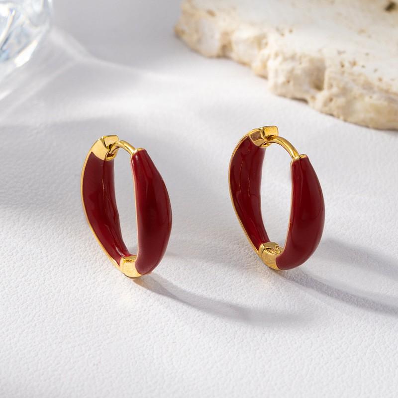 Red Alloy Drop Earrings Women Minimalist Elegant Hoop Style With Enamel Finish Sweet Chic Fashion Jewelry Red