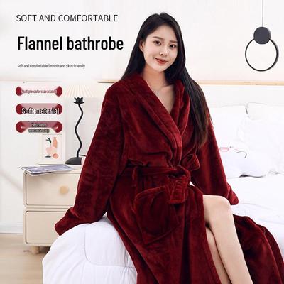 Women's Autumn Winter Thick Coral Fleece Flannel Pajamas & Mid-Length Bathrobe Set for Couples
