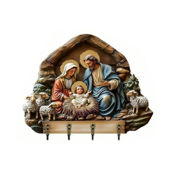 Dřevěný křesťanský držák na klíče 2D plochý Ježíš přijímání umění klíčenka stojan se 4 háčky náboženský nástěnný stojan na klíče pro vstupní halu domácí dekorace