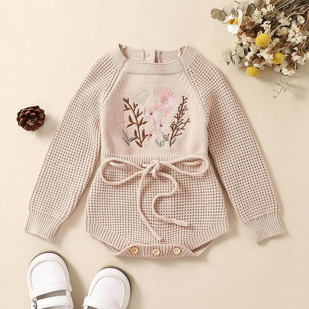 Baby Girls Waffle Sweater Rompers Flower Embroidery Crew Neck Long Sleeve Drawstring Infant Fall Toddler Clothes Bodysuits