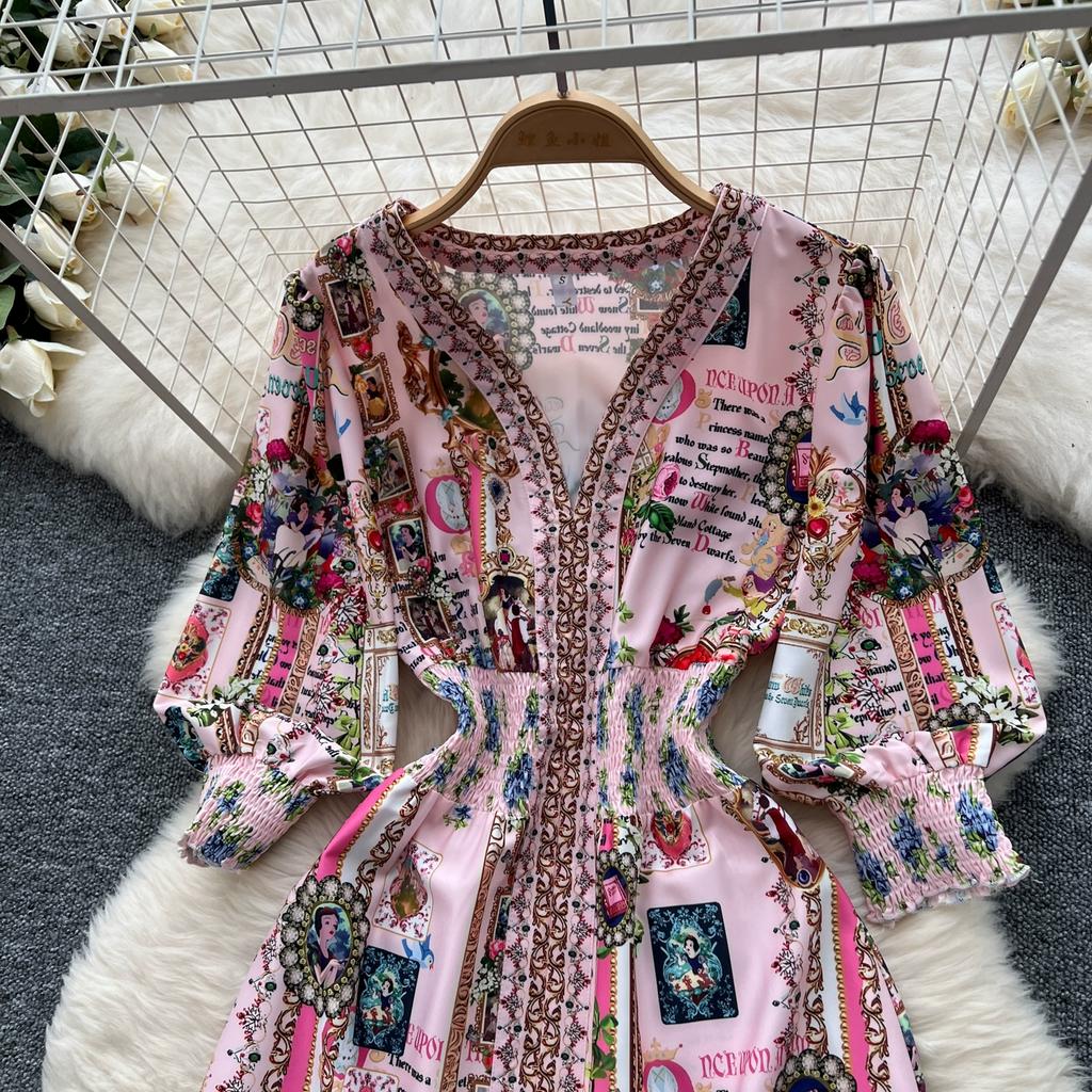 Spring Autumn Women Brand Designer Print Runway Dress V-neck Elastic Waist Long Maxi Party Dresses